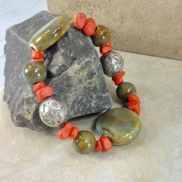 Silver Beaded Stones Bracelet Handmade Beads Jewelry Jewel Trinket Gift for Her - Picture 2 of 8